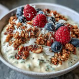 Vibrant skyr protein smoothie bowl, ready with berries and a granola topping.