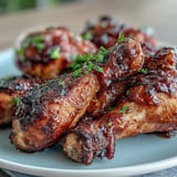 Tender BBQ chicken drumsticks, coated in a sticky, sweet peach glaze.