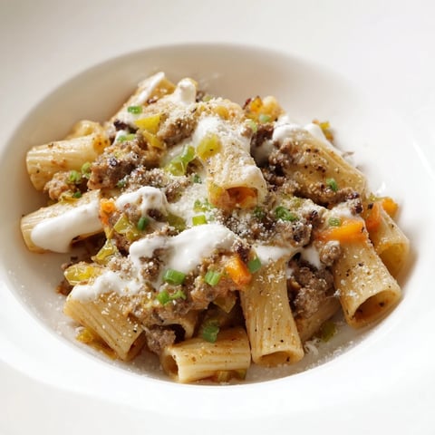 Steaming bowl of Chaos Cooking Kimchi Ragu Pasta, with scallions and Parmesan, ready to serve, a fusion delight.