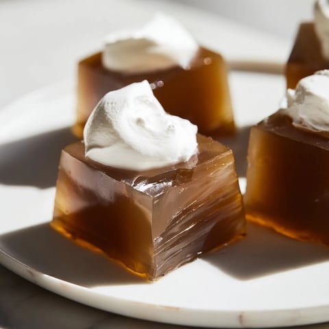 Coffee jelly cubes glistening in a shallow dish, ready to be served with sweetened cream for a refreshing Japanese-inspired dessert.