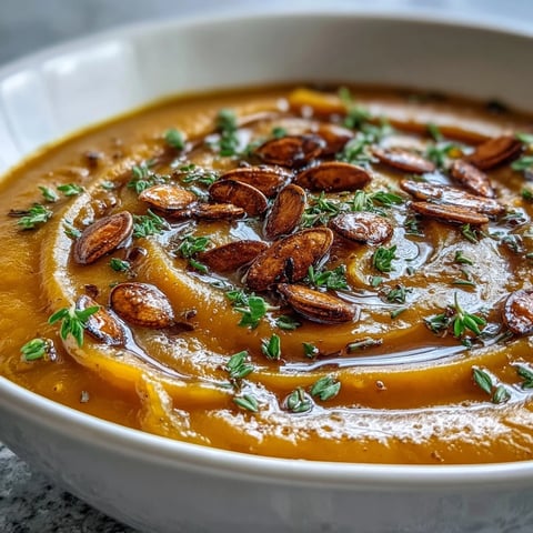 Smooth, creamy Butternut Squash Soup steaming in a rustic bowl, topped with pumpkin seeds and fresh thyme sprigs.