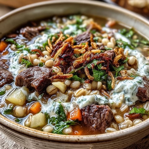 Freshly simmered Beef Barley Soup in a rustic bowl, topped with golden mint-fried onions and a swirl of sour cream.