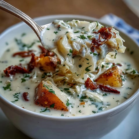 Creamy Potato Soup with Cabbage ladled into a rustic bowl, garnished with fresh parsley and served beside warm crusty bread.