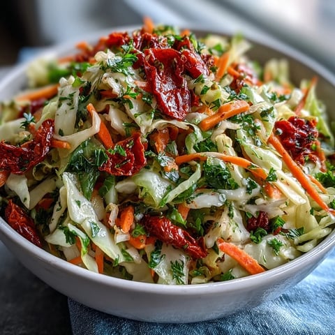 A large bowl of Cabbage Salad With Sundried Tomatoes showcasing vibrant purple and green shreds tossed with herby dressing and bright tomato pieces, served as a refreshing side dish.