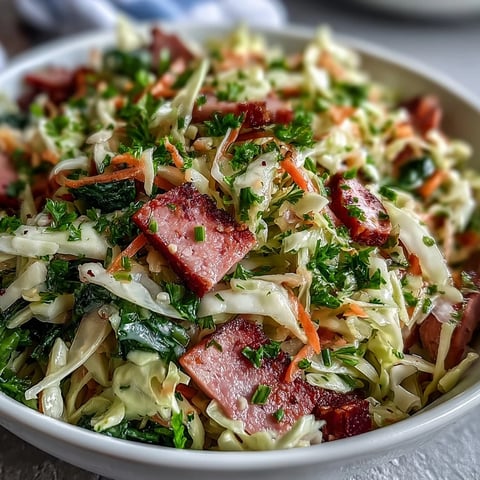 Freshly tossed German Cabbage Coleslaw With Shredded Ham features crisp shredded cabbage, grated carrots, and savory smoked ham tossed in a tangy apple cider vinegar dressing.