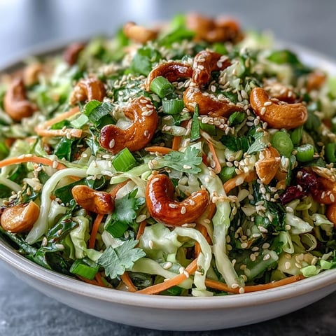 Freshly tossed Asian Cabbage Salad filled with crisp greens, sesame seeds, and chopped peanuts in a vibrant ceramic bowl.