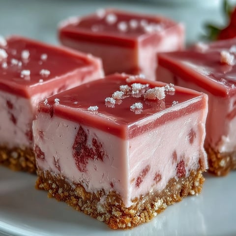 No-Bake Strawberry Fudge Squares with fresh strawberry garnish on a rustic wooden table for a sweet summer dessert.