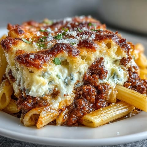 Golden, bubbly mozzarella tops a 9x13-inch pan of Cottage Cheese Protein Pasta Bake, filled with al dente penne and hearty ground beef.