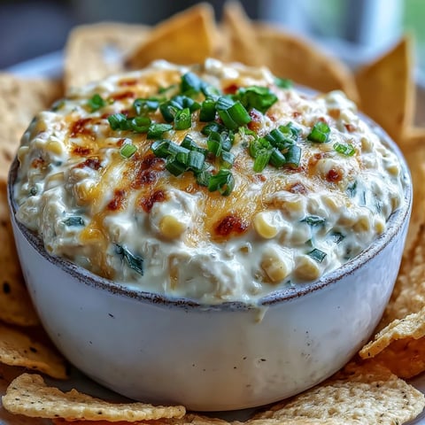 Warm Crack Corn Dip in a baking dish, golden and bubbly with melted cheddar and chopped jalapeños on top.