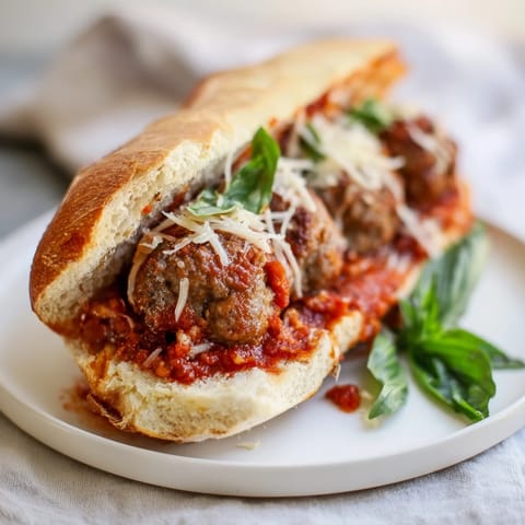 Close-up photo of a Meatball Marinara Sub Sandwich, overflowing with sauce and melted cheese.