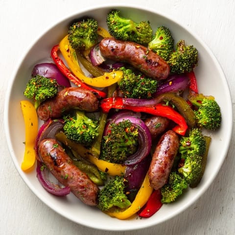 Golden-brown Simple Rustic Sheet-Pan Sausage with tender roasted vegetables, perfect for a flavorful weeknight meal.