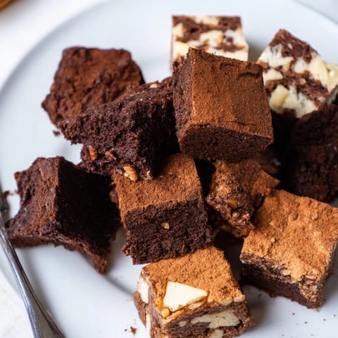 Warm, inviting image of fresh-baked brownie and blondie squares arranged on a shared platter.