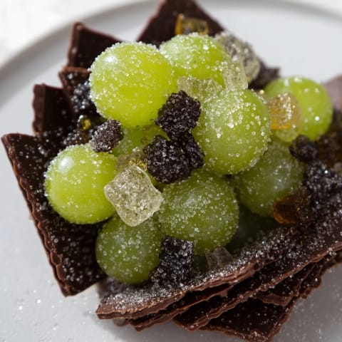 See the shiny, hidden treasures of The Crystal Cave dessert: grapes with rock candy jewels, ready to enjoy.