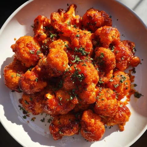 A close-up of vibrant Sriracha-Buffalo Cauliflower Bites ready to be served as a tasty appetizer.
