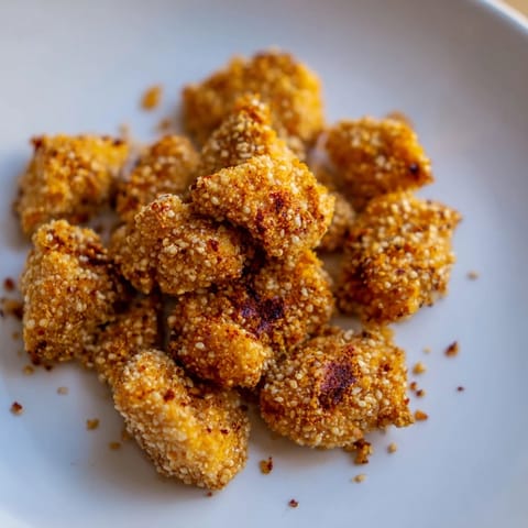 Close-up of baked Spicy Yogurt Chicken Bites, showcasing a lovely golden, crunchy exterior texture.