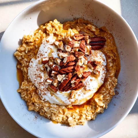 Steaming bowl of Pumpkin Spice Latte Oats, topped with whipped cream and chopped pecans.