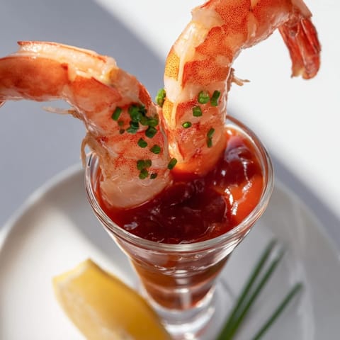 Elegant Retro Prawn Cocktail Shooters, featuring juicy prawns and vibrant cocktail sauce, perfect for a party.