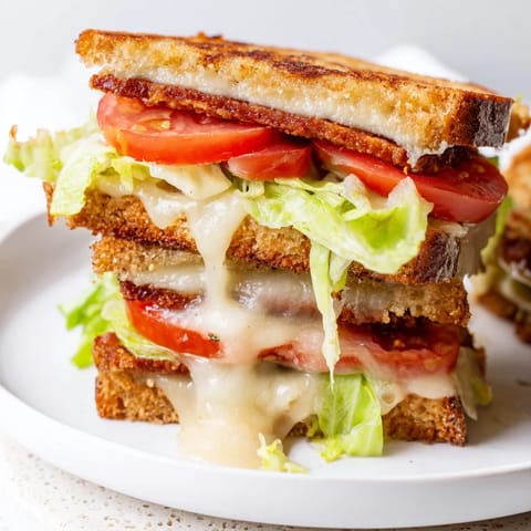 A close-up of a Vegan Bacon BLT Grilled Cheese oozing melty vegan cheese on a rustic plate.  