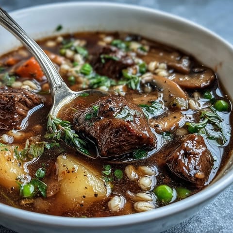 Comforting Beef and Barley Soup simmering in a pot, featuring pearl barley and root vegetables in rich broth.