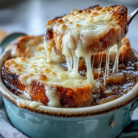 A close-up of Classic French Onion Soup reveals a toasted baguette slice sinking into rich, caramelized onion broth.
