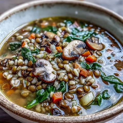 A close-up of hearty Double Lentil and Mushroom Barley Soup in a rustic bowl, highlighting earthy mushrooms and vibrant collard greens.