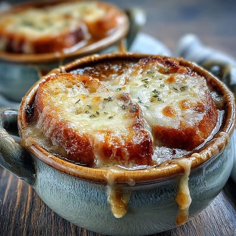 Golden, bubbly Gruyère blankets this classic French Onion Soup in a rustic oven-safe bowl, topped with toasted baguette.