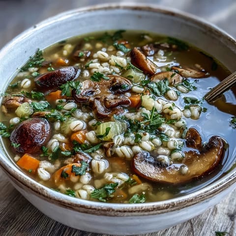 Savory Mushroom Barley Soup simmering in a pot, featuring shiitake and white mushrooms with aromatic herbs and root vegetables.