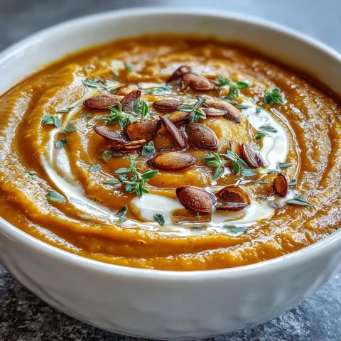 Roasted butternut squash soup in a rustic bowl, topped with toasted pumpkin seeds and fresh thyme.
