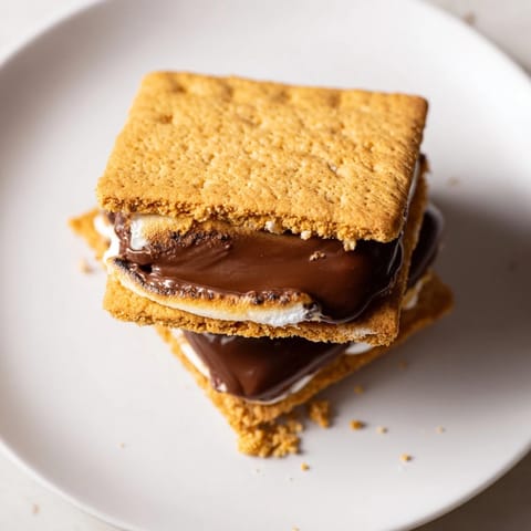 A close-up view of golden, puffy marshmallows and melted chocolate sandwiched between crisp graham cracker squares, showcasing the irresistible Air Fryer Smores.  