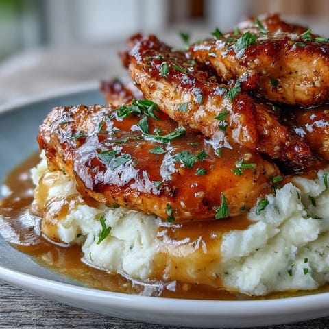 Tender Slow Cooker Honey Mustard Chicken breasts glazed in a velvety garlic sauce, served over fluffy white rice.