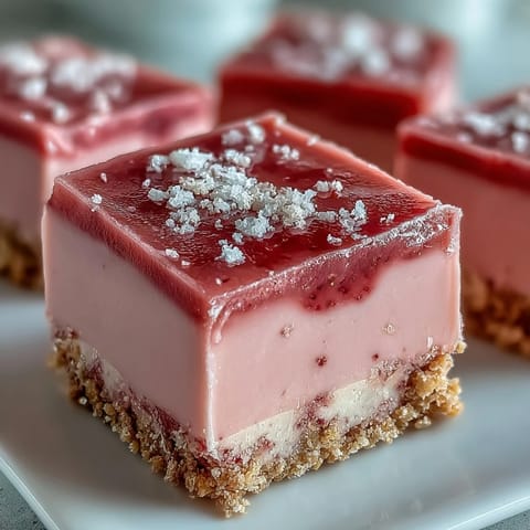 Bright pink squares of No-Bake Strawberry Fudge Squares served chilled on a white plate for an easy family treat.