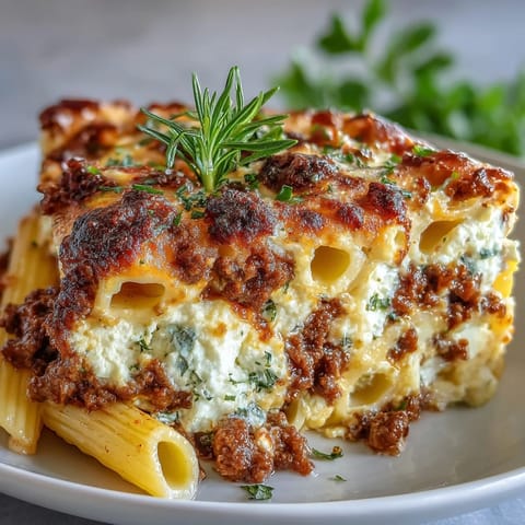 Creamy, high-protein Cottage Cheese Protein Pasta Bake with ground beef and rich tomato sauce, served hot with fresh parsley garnish.