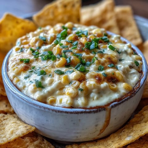 A bowl of creamy Crack Corn Dip surrounded by crisp tortilla chips and fresh green onions for dipping.
