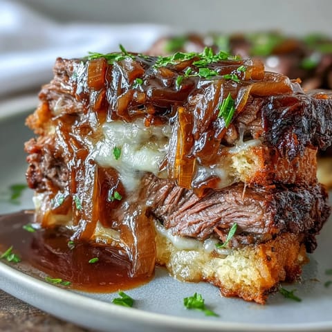 Savory Crock Pot French Onion Pot Roast features tender beef, caramelized onions, and melted Gruyere in rich gravy.