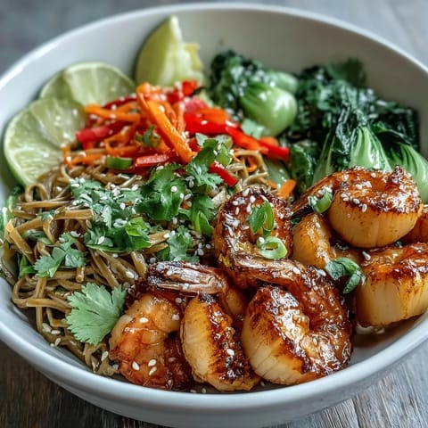 Colorful Asian Noodle Bowl with Shrimp and Scallops highlights crisp snow peas, red bell pepper, and fresh lime wedges.