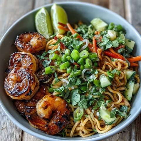 Freshly grilled shrimp garnish this 15-Minute Asian Noodle Bowl with vibrant herbs and sesame seeds for a quick dinner.