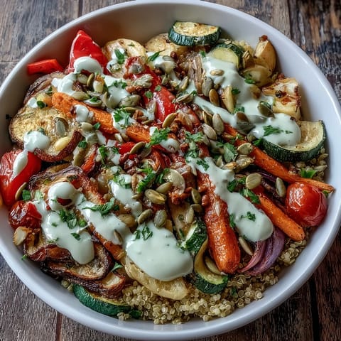 A close-up of a vibrant roasted vegetable quinoa bowl, featuring smoky paprika cauliflower and a generous drizzle of tahini dressing.