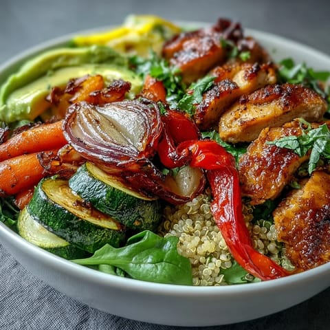 Golden roasted vegetables seasoned with paprika are arranged over fluffy quinoa, topped with pan-seared chicken, avocado slices, and a crisp lemon salad for a colorful bowl.