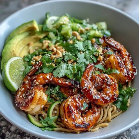 Bright Asian-inspired Grilled Shrimp Asian Noodle Bowl topped with creamy avocado and crunchy peanuts, garnished with scallions and lime.