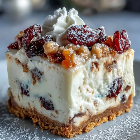 Golden squares of Christmas Cheesecake Slab topped with cloud-like whipped cream and snowy icing sugar for a festive dessert.