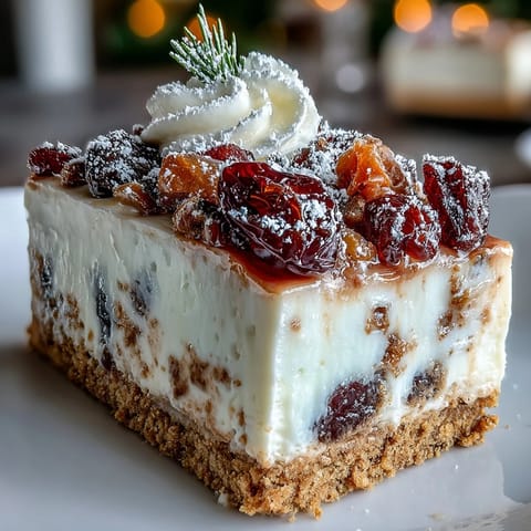 A slice of Christmas Cheesecake Slab reveals creamy, spiced filling with dried fruit and a crunchy biscuit base on a holiday table.