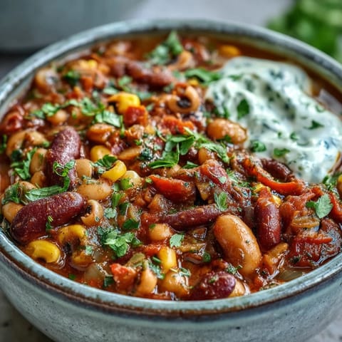 A steaming bowl of homemade Black-Eyed Pea Chili, topped with sour cream, cilantro, and shredded cheese.