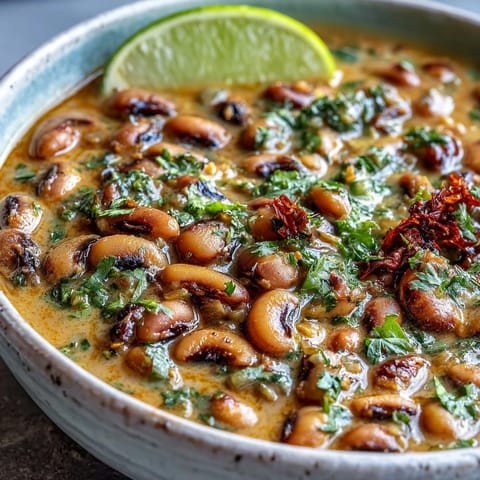 A hearty bowl of Black-Eyed Pea Curry served over fluffy basmati rice with warm naan bread on the side.