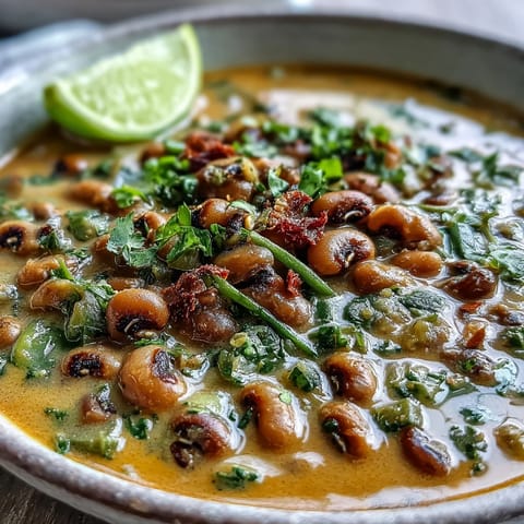 Fragrant Black-Eyed Pea Curry simmering in a skillet with creamy coconut milk and spices, topped with fresh cilantro and a lime wedge.