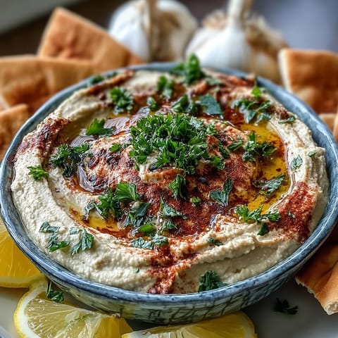 A bowl of creamy Black-Eyed Pea Hummus garnished with smoked paprika and fresh parsley.