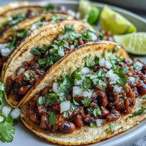 Warm Black-Eyed Pea Tacos topped with fresh cilantro, diced onion, and salsa.