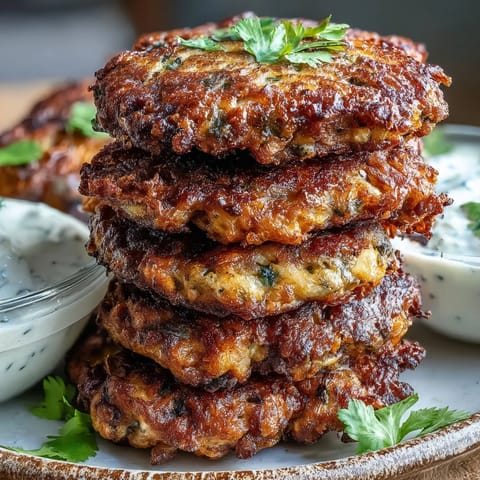 A plate of crispy Black-Eyed Pea Fritters served with a dollop of creamy yogurt dip.