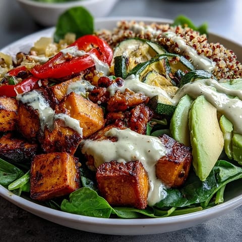 Golden roasted vegetables and spiced black-eyed peas are arranged over fluffy quinoa in a vibrant Black-Eyed Pea Buddha Bowl.