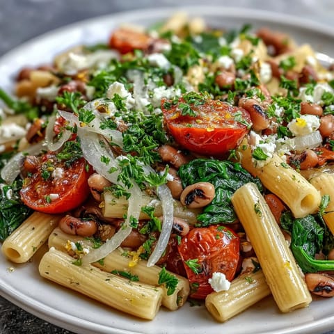 Black-Eyed Pea Pasta with feta and cherry tomatoes in a white bowl, topped with fresh basil and parsley, served as a Mediterranean main dish.