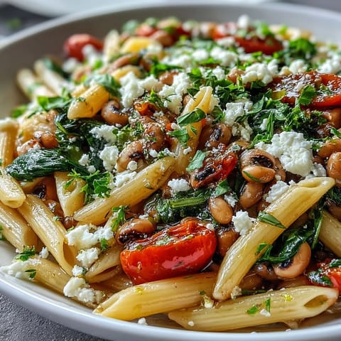 A close-up of garlicky Black-Eyed Pea Pasta tossed with baby spinach and herbs, steaming on a rustic wooden table for a quick weeknight meal.